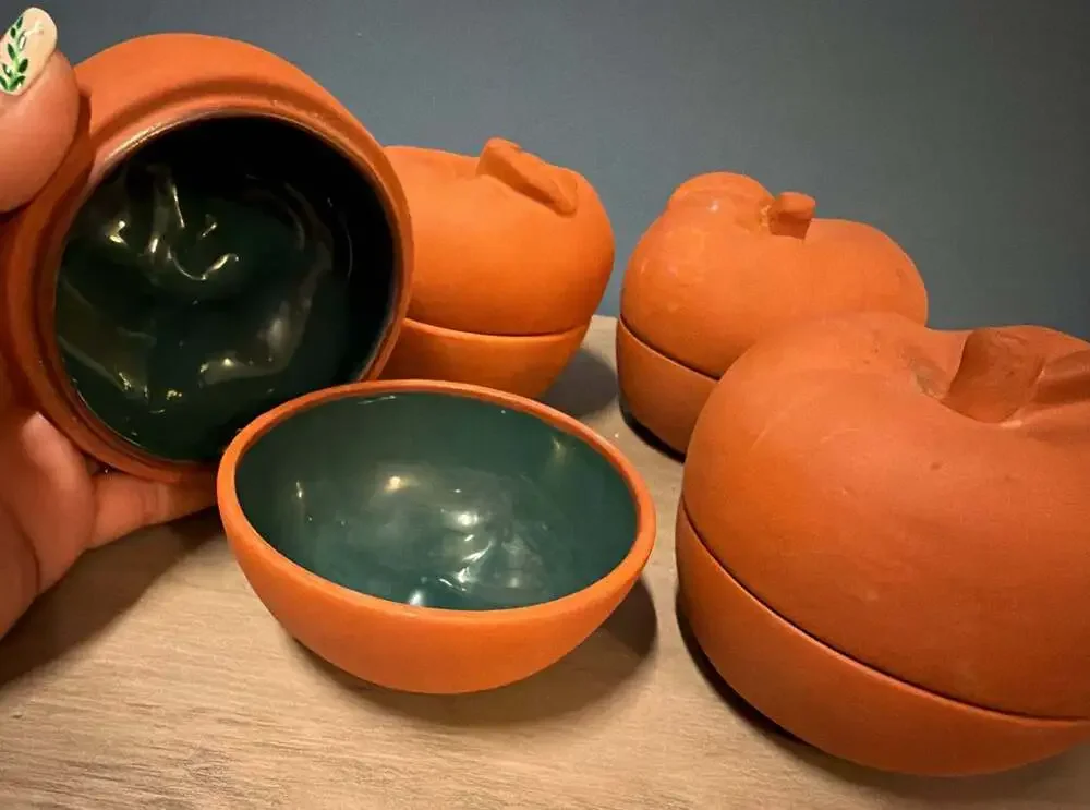 Terracotta Apple Shaped Baking Dishes with Green Glazed Interior Set of 4